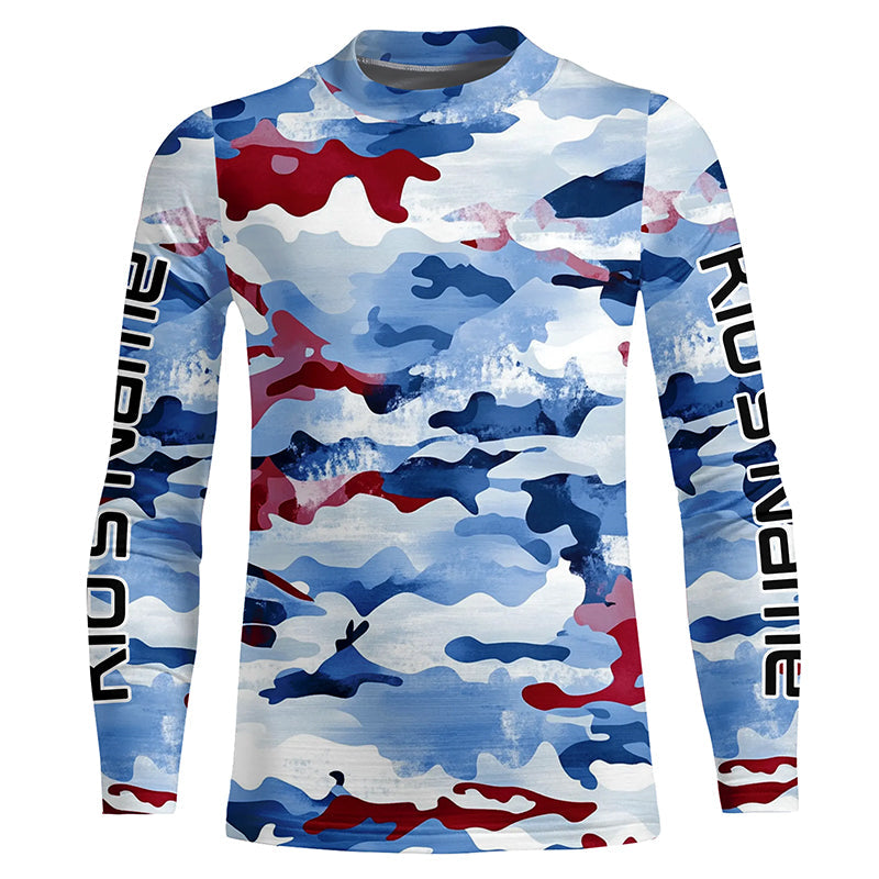 Red, White And Blue Camo Custom Patriotic Long Sleeve Fishing Shirts, Usa Fishing Jerseys IPHW7344