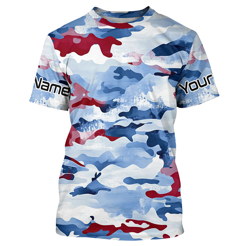 Red, White And Blue Camo Custom Patriotic Long Sleeve Fishing Shirts, Usa Fishing Jerseys IPHW7344