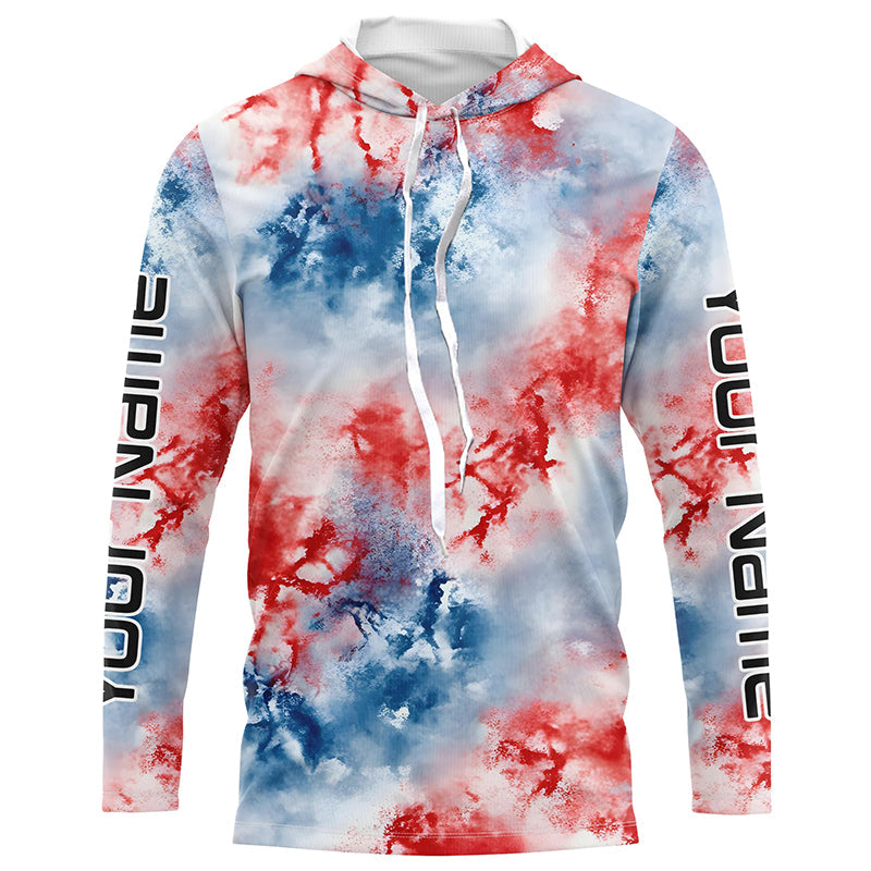 Red, White And Blue Tie Dye Custom Patriotic Long Sleeve Fishing Shirts, Performance Fishing Shirts IPHW7345