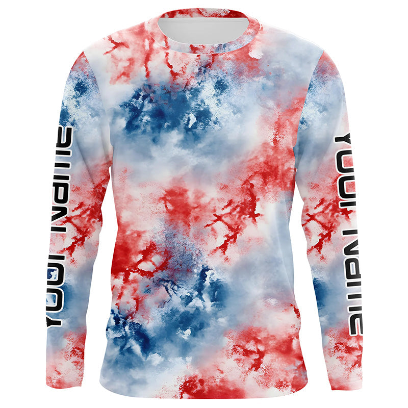 Red, White And Blue Tie Dye Custom Patriotic Long Sleeve Fishing Shirts, Performance Fishing Shirts IPHW7345