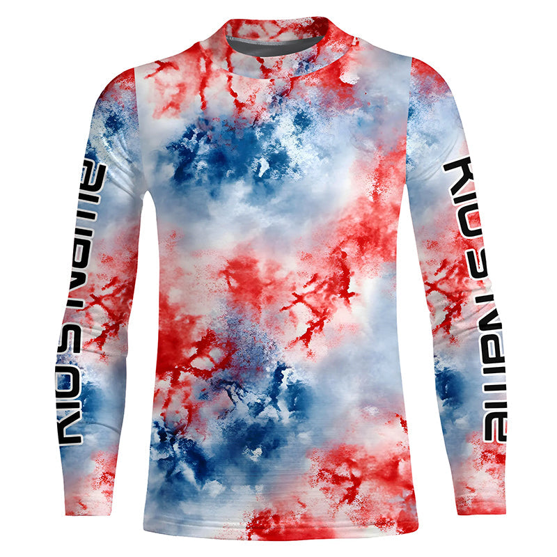 Red, White And Blue Tie Dye Custom Patriotic Long Sleeve Fishing Shirts, Performance Fishing Shirts IPHW7345