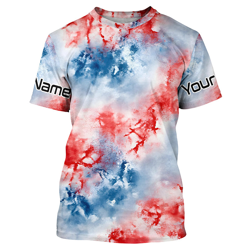 Red, White And Blue Tie Dye Custom Patriotic Long Sleeve Fishing Shirts, Performance Fishing Shirts IPHW7345