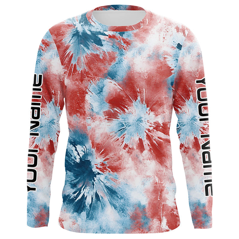 Red, White And Blue Tie Dye Personalized Patriotic Performance Fishing Shirts, Uv Fishing Apparel IPHW7347