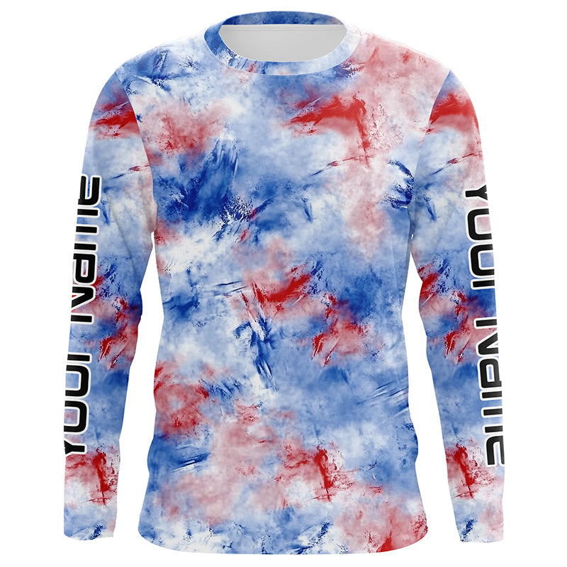 Red, White And Blue Tie Dye Personalized Patriotic Performance Fishing Shirts, Uv Fishing Apparel IPHW7348