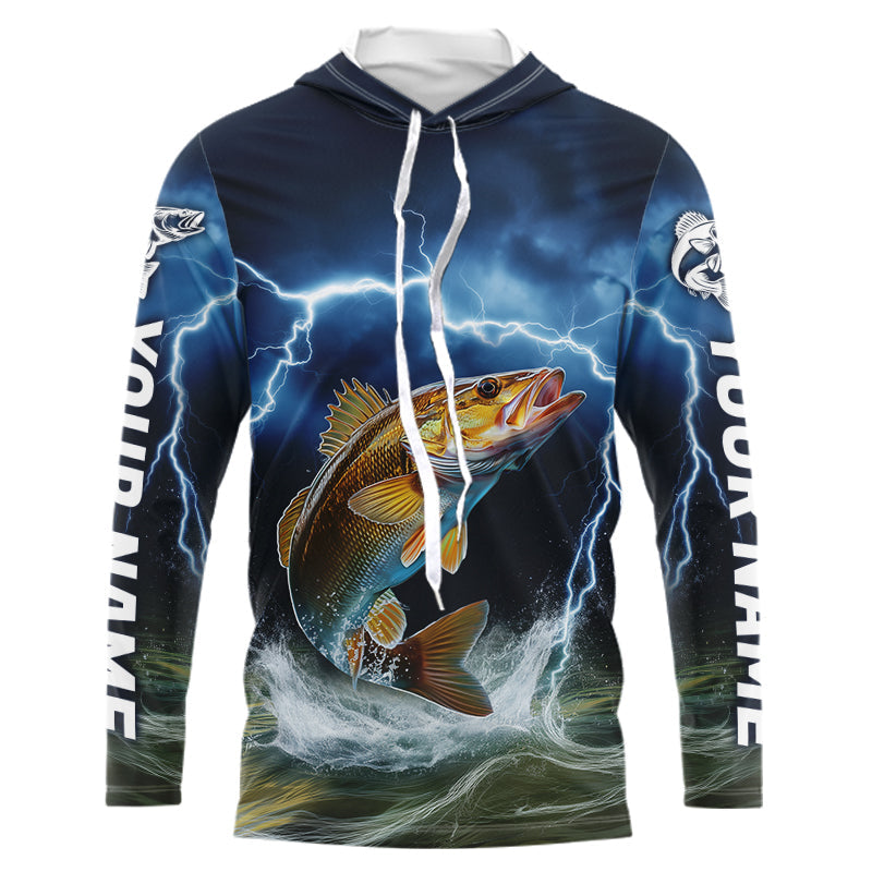 Blue Thunder Lightning Custom Walleye Fishing Long Sleeve Hooded Tournament Fishing Shirts IPHW8081