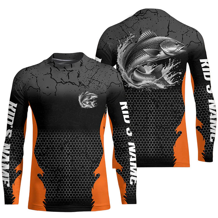 Personalized Redfish Fishing Jerseys, Redfish Kid Long Sleeve Tournament Fishing Shirts |Orange IPHW7363