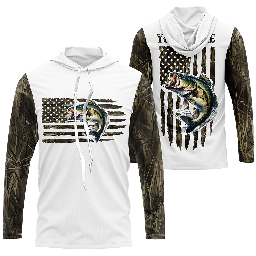 Personalized American Flag Bass Long Sleeve Fishing Camo Shirts, Patriotic Bass Fishing Jersey IPHW6039