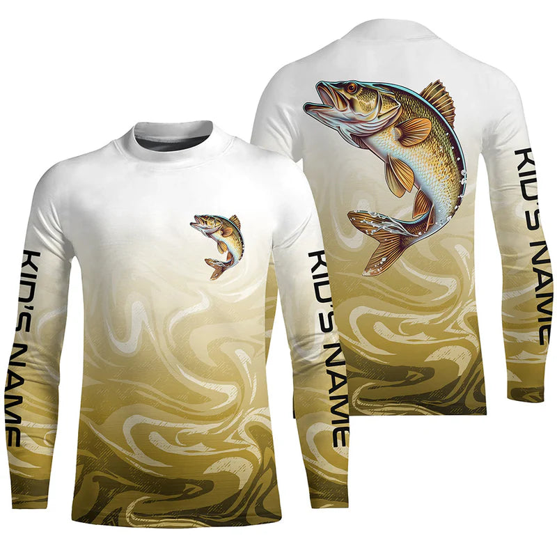 Custom Walleye Kid Long Sleveeve Tournament Camo Fishing Shirts, Walleye Fishing Jerseys IPHW6041