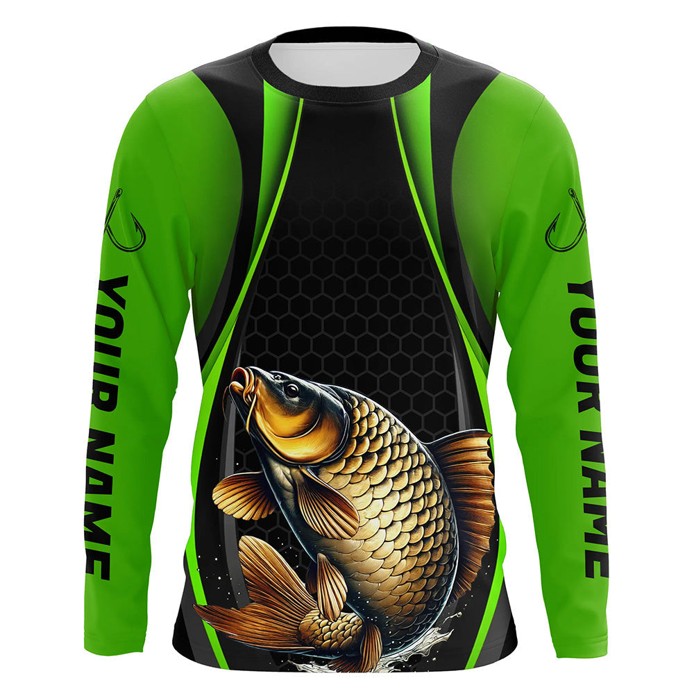 Custom Carp Fishing Tournament Long Sleeve Fishing Shirts, Carp Fishing Jerseys | Green IPHW7367