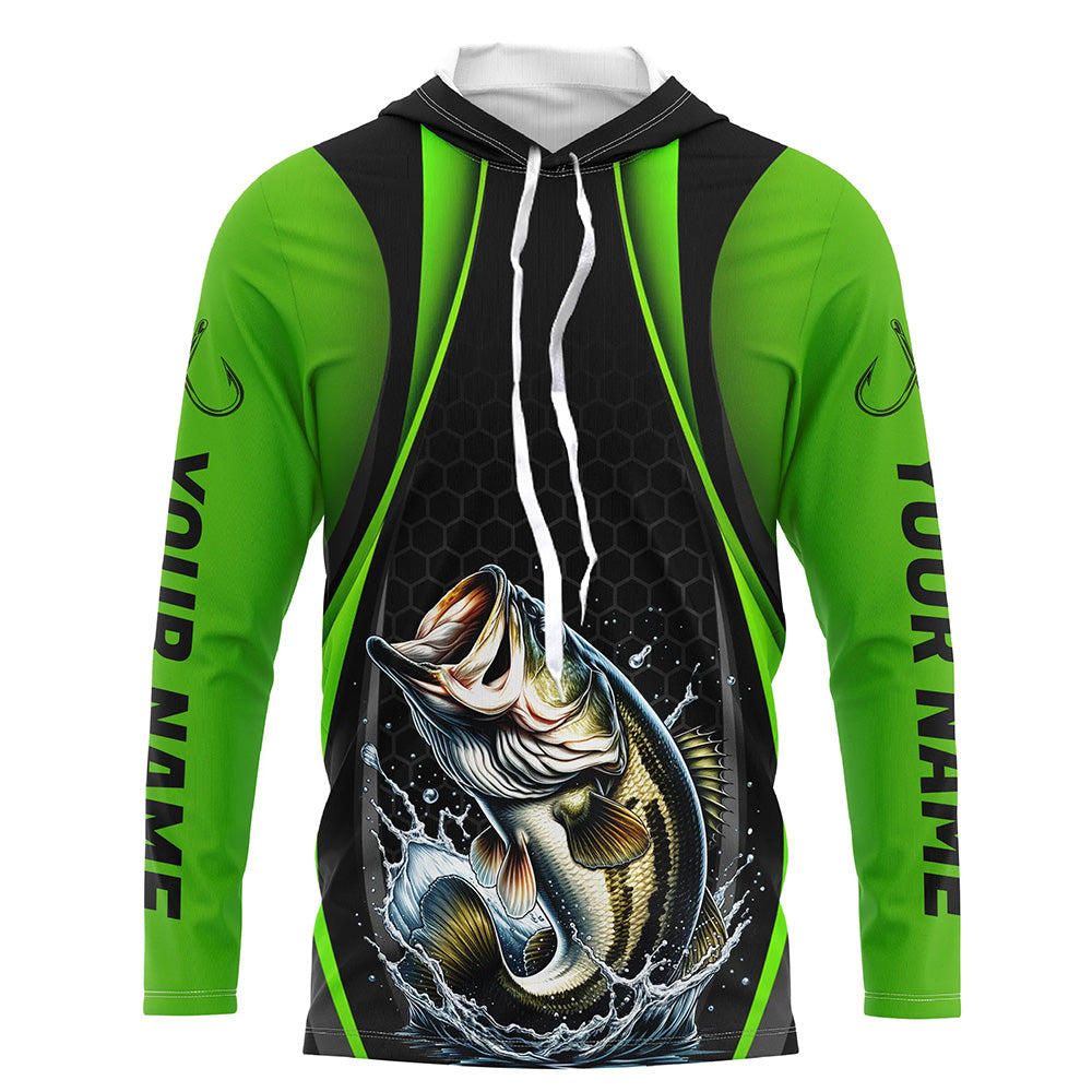 Custom Largemouth Bass Fishing Tournament Long Sleeve Fishing Shirts, Bass Fishing Jerseys | Green IPHW7368