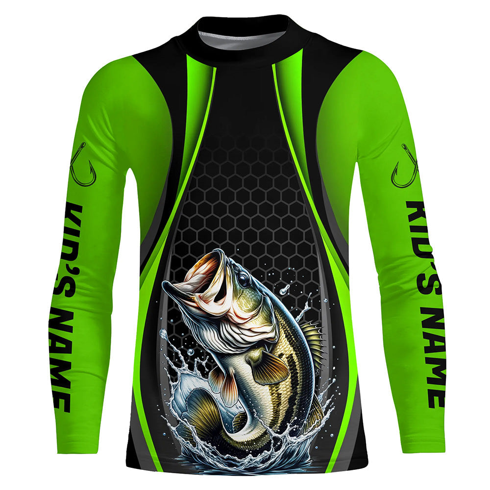 Custom Largemouth Bass Fishing Tournament Long Sleeve Fishing Shirts, Bass Fishing Jerseys | Green IPHW7368