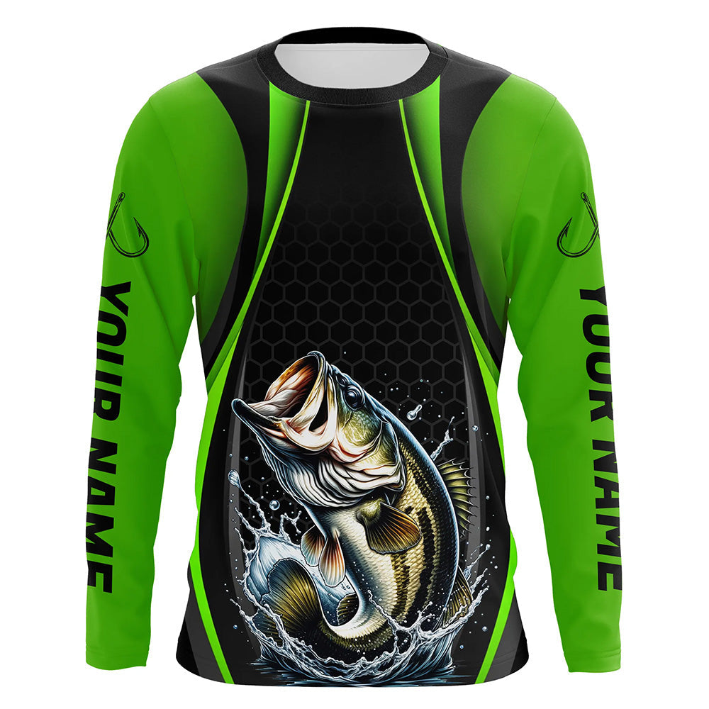 Custom Largemouth Bass Fishing Tournament Long Sleeve Fishing Shirts, Bass Fishing Jerseys | Green IPHW7368