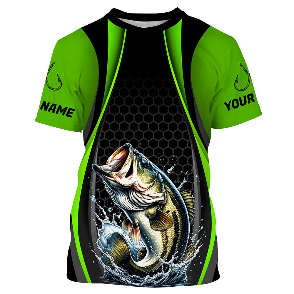 Custom Largemouth Bass Fishing Tournament Long Sleeve Fishing Shirts, Bass Fishing Jerseys | Green IPHW7368