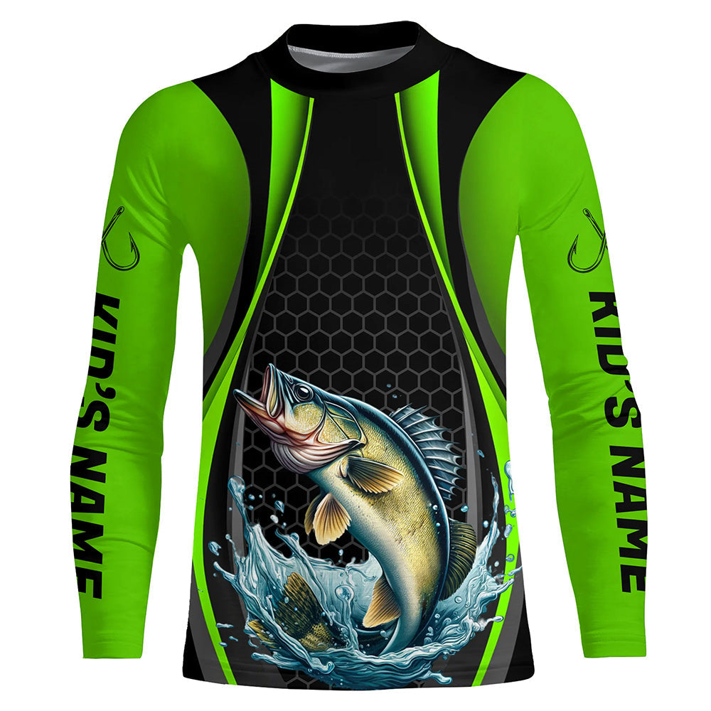 Custom Walleye Fishing Tournament Long Sleeve Fishing Shirts, Walleye Fishing Jerseys | Green IPHW7369