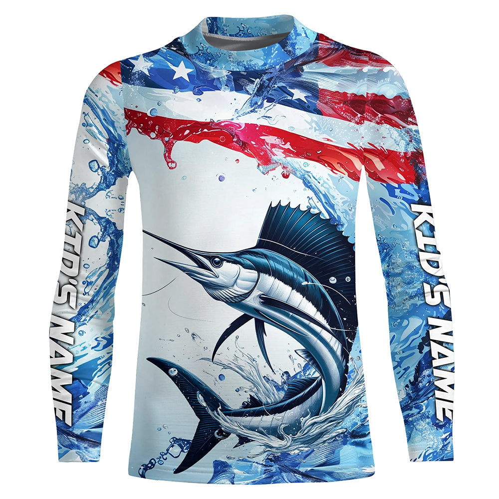 Personalized American Flag Sailfish Fishing Shirts, Patriotic Sailfish Long Sleeve Fishing Shirt IPHW6322