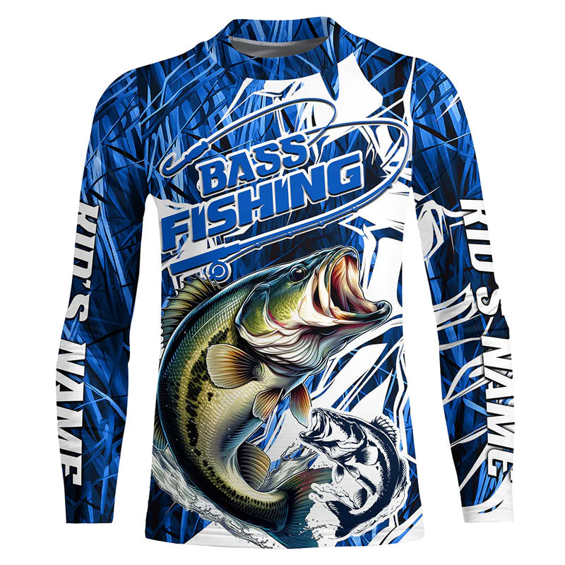 Personalized Largemouth Bass Kid Long Sleeve Performance Fishing Shirts, Bass Fishing Jersey | Blue Camo IPHW6364