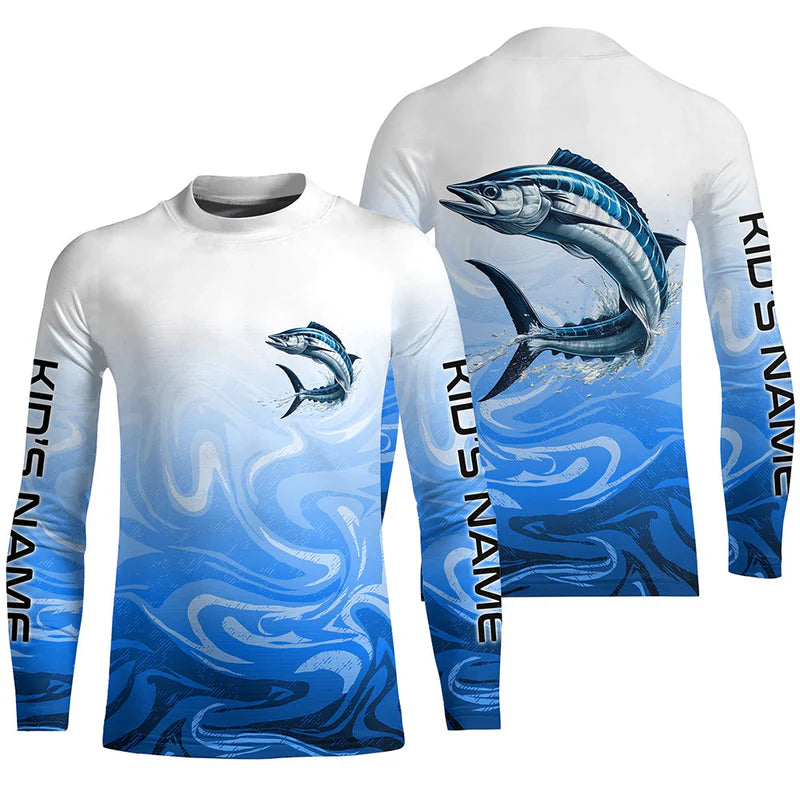 Wahoo Fishing Custom Kid Long Sleeve Performance Shirts, Wahoo Saltwater Fishing Apparel | Blue Camo IPHW6367