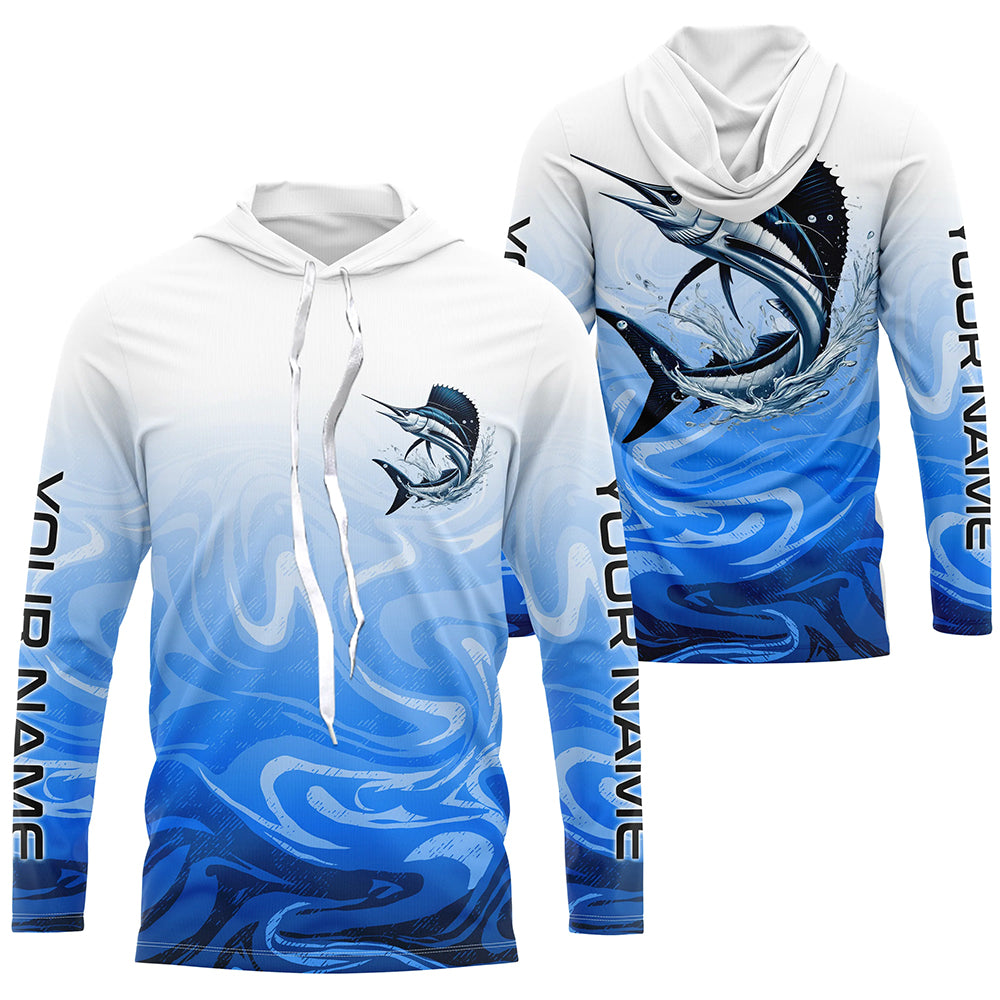 Sailfish Fishing Custom Long Sleeve Shirts, Sailfish Saltwater Fishing Apparel | Blue Camo IPHW6368