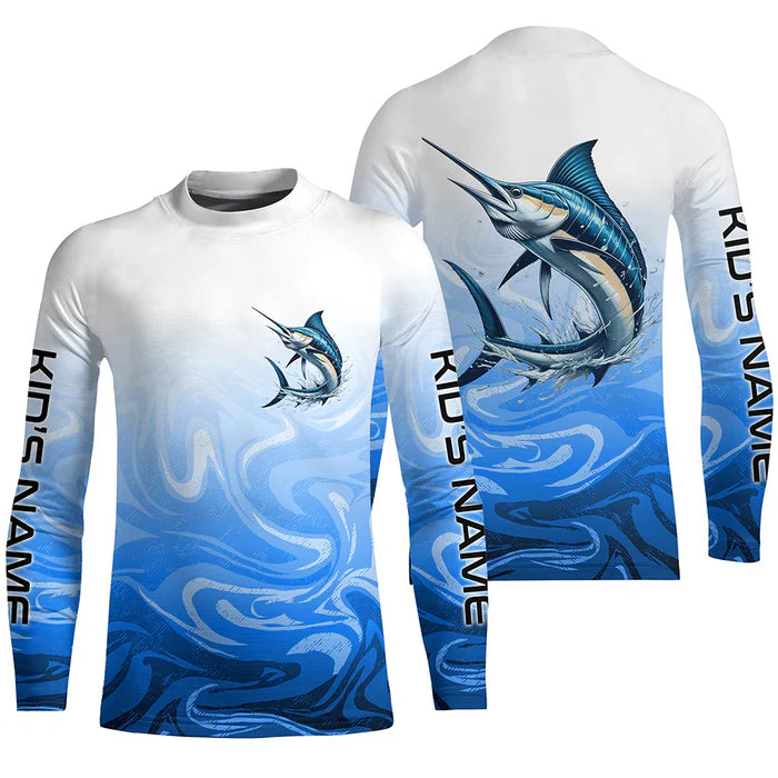 Marlin Fishing Custom Kid Long Sleeve Performance Shirts, Marlin Saltwater Fishing Apparel | Blue Camo IPHW6369