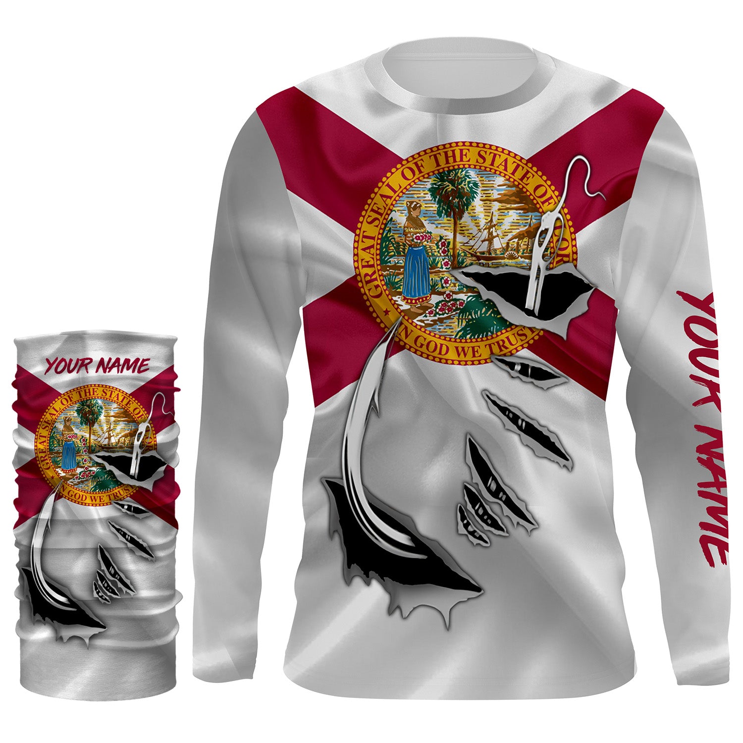 FL Fishing Fish Hook Florida Flag UV protection Custom long sleeves shirts personalized Patriotic fishing apparel gifts IPH1901
