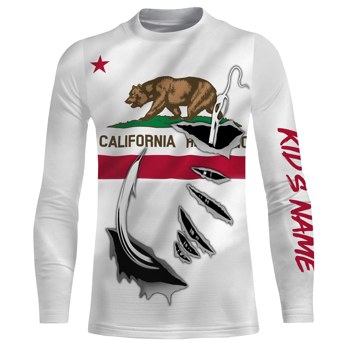 CA Fishing 3D Fish Hook California Flag UV protection quick-dry Custom Kid long sleeves shirts personalized Fishing apparel gift for Fishing lovers
