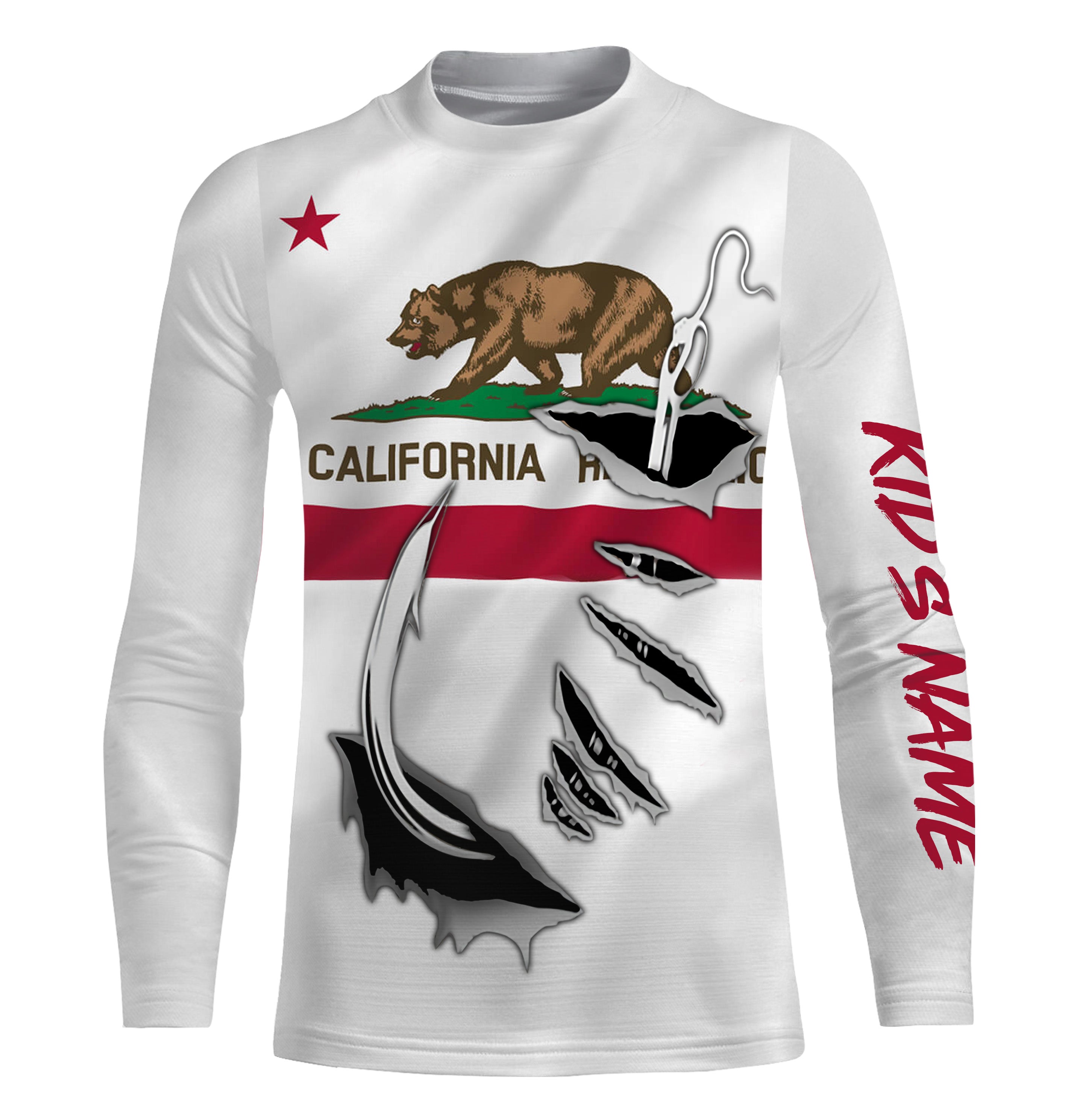 california fishing hook CA Fishing 3D Fish Hook California Flag UV protection quick-dry Custom Kid long sleeves shirts personalized Fishing apparel gift for Fishing lovers