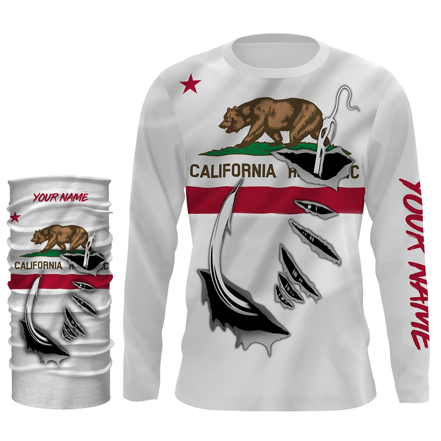 CA Fishing 3D Fish Hook California Flag UV protection quick-dry Custom long sleeves shirts personalized fishing apparel gift for Fishing lovers IPH1904