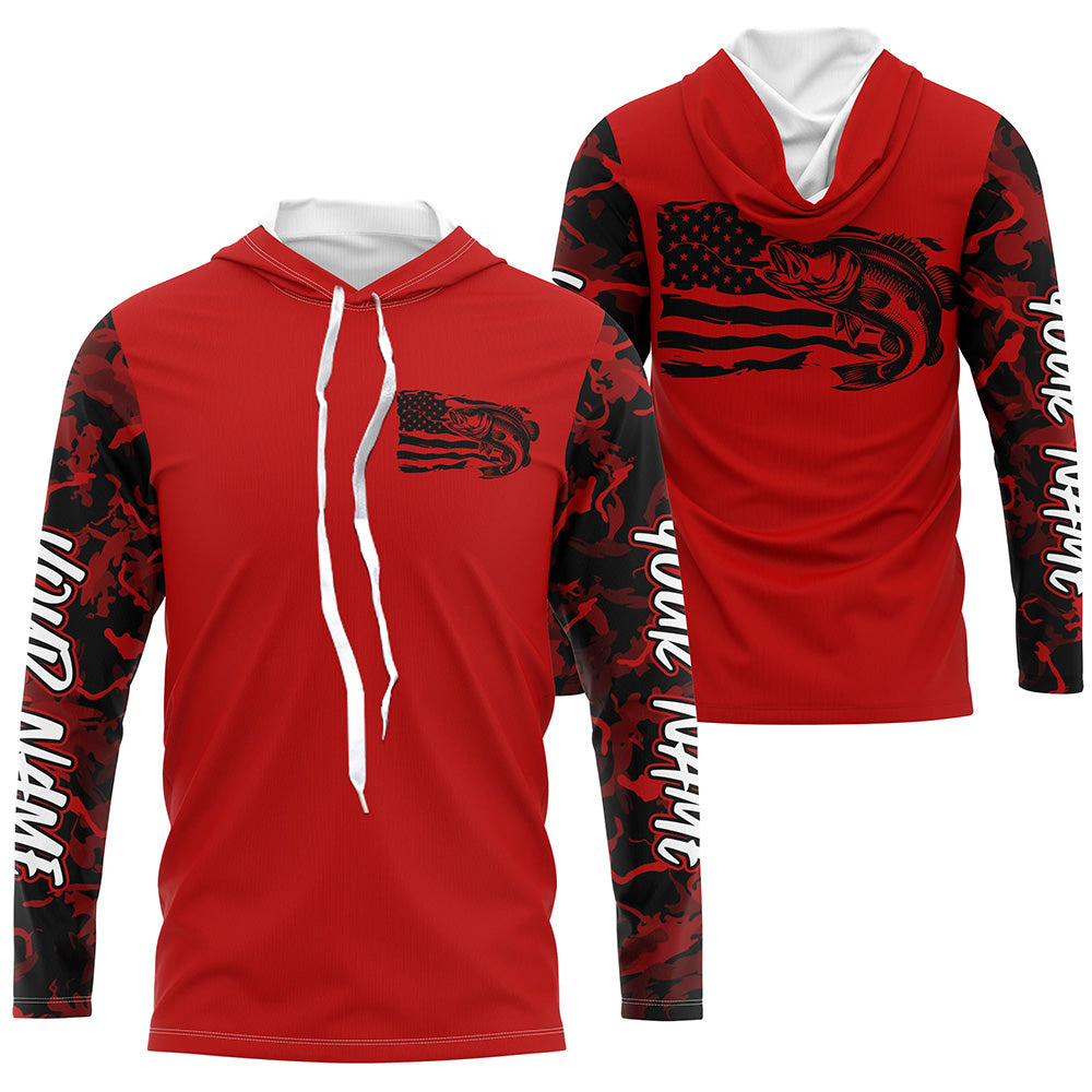 Red Camo US Flag Largemouth Bass Custom Patrotic Long Sleeve Hooded Fishing Shirt IPHW8133