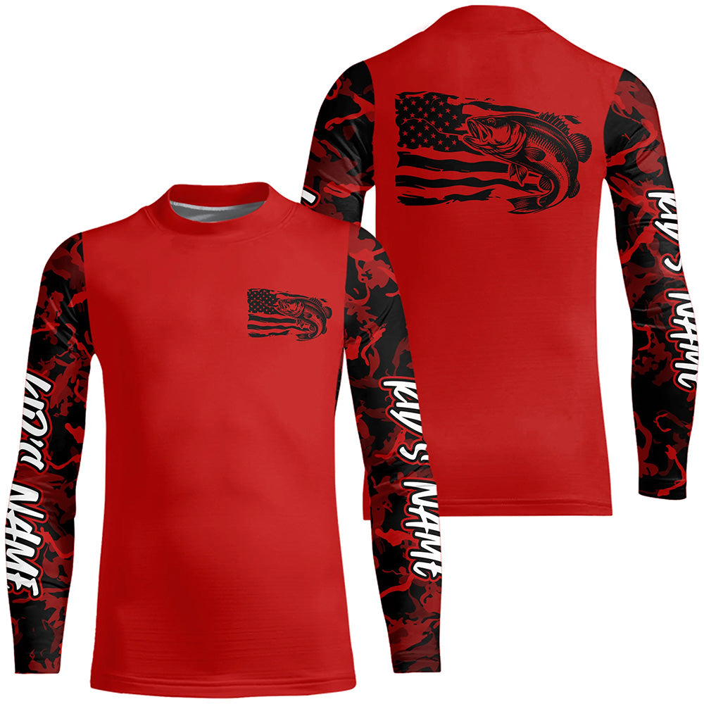 Red Camo US Flag Largemouth Bass Custom Patrotic Kid Long Sleeve Fishing Shirt, Bass Fishing Jersey IPHW8133