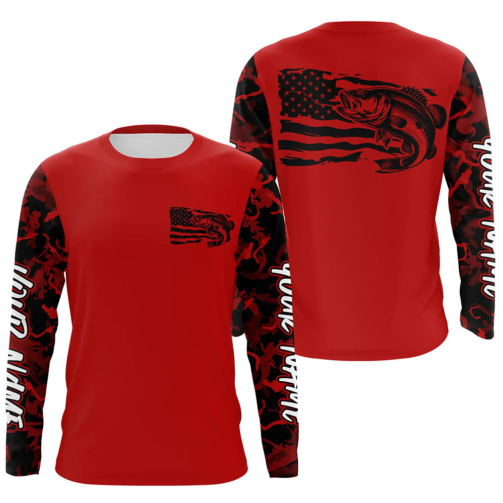 Red Camo US Flag Largemouth Bass Custom Patrotic Long Sleeve Fishing Shirt, Bass Fishing Jersey IPHW8133