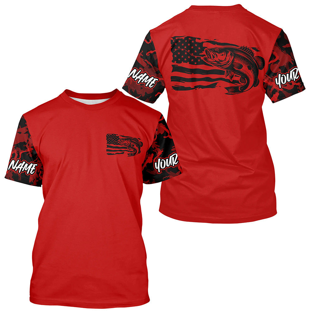 Red Camo US Flag Largemouth Bass Custom Patrotic Fishing T-Shirts, Bass Fishing Jersey IPHW8133