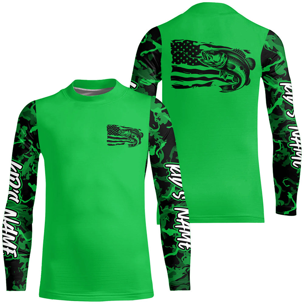 Green Camo US Flag Largemouth Bass Custom Patrotic Kid Long Sleeve Fishing Shirt, Bass Jersey IPHW8134