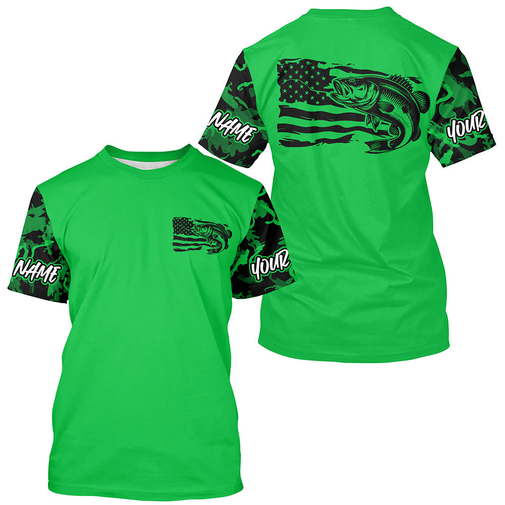 Green Camo US Flag Largemouth Bass Custom Patrotic Fishing T-Shirts, Bass Fishing Jersey IPHW8134