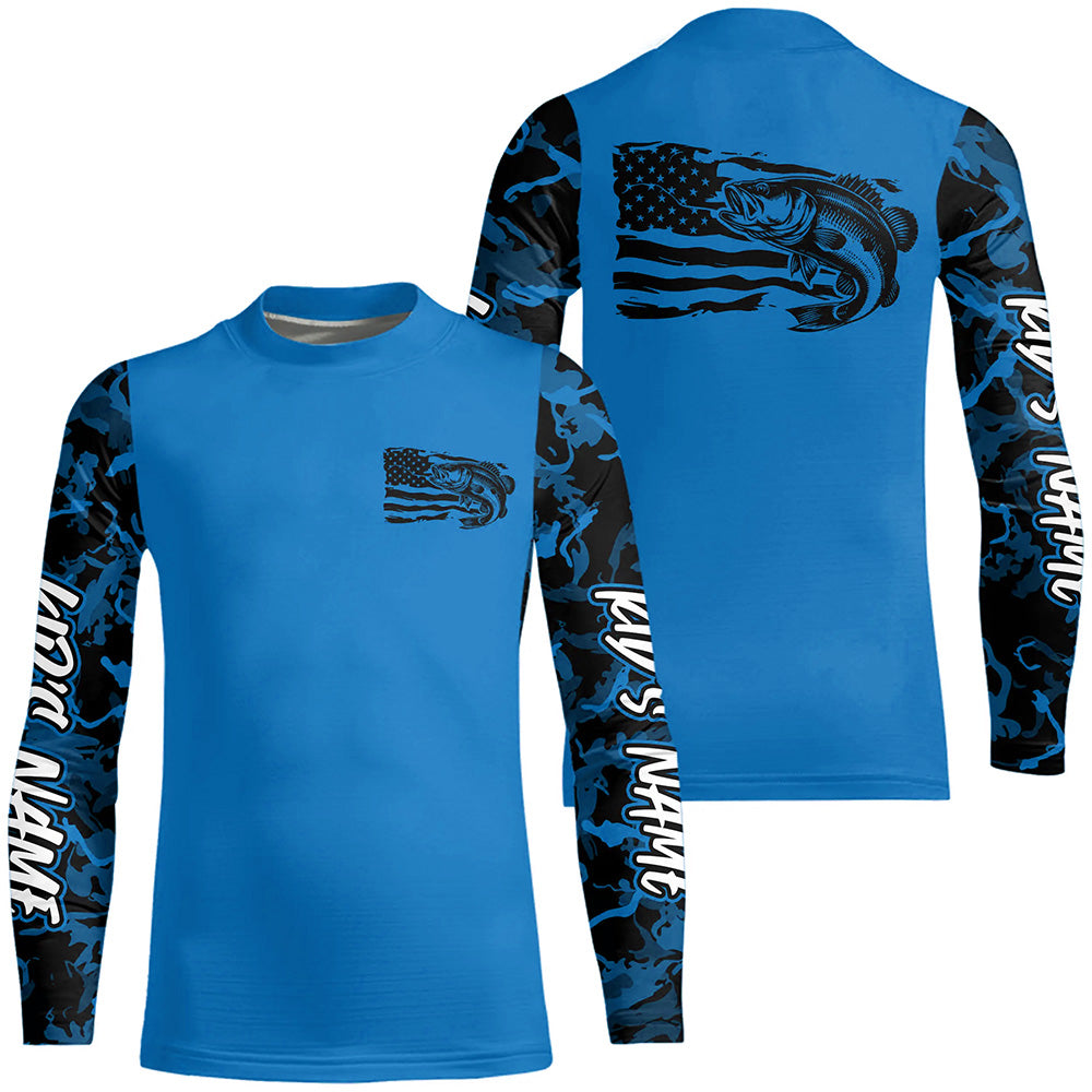 Blue Camo US Flag Largemouth Bass Custom Patrotic Kid Long Sleeve Fishing Shirt, Bass Fishing Jersey IPHW8135