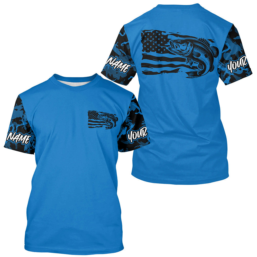 Blue Camo US Flag Largemouth Bass Custom Patrotic Fishing T-Shirts, Bass Fishing Jersey IPHW8135