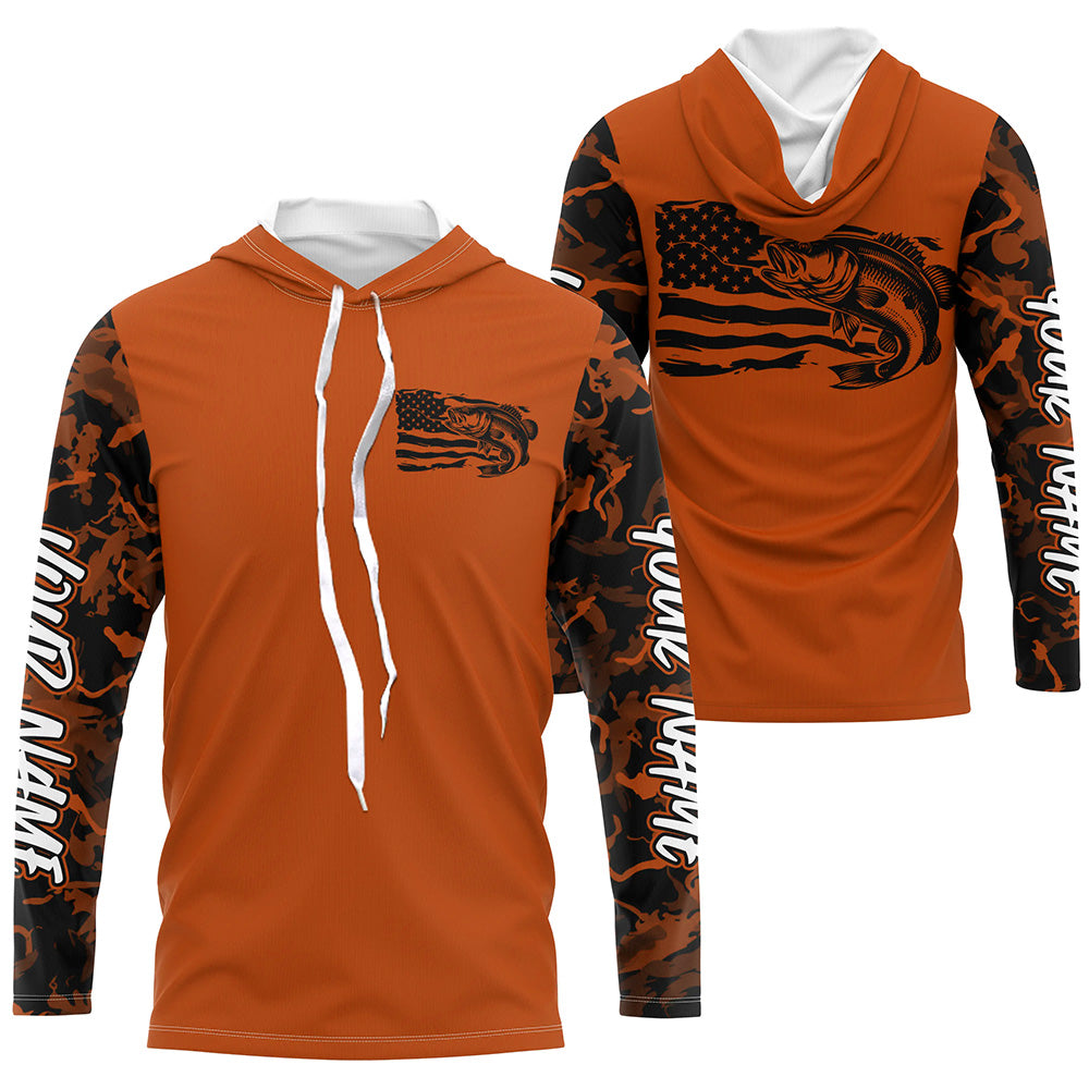 Orange Camo US Flag Largemouth Bass Custom Patrotic Long Sleeve Hooded Fishing Shirt IPHW8136