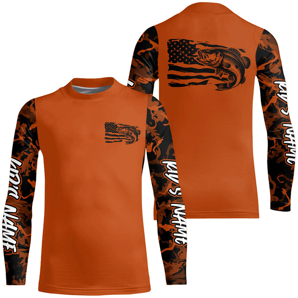 Orange Camo US Flag Largemouth Bass Custom Patrotic Kid Long Sleeve Fishing Shirt, Bass Jersey IPHW8136