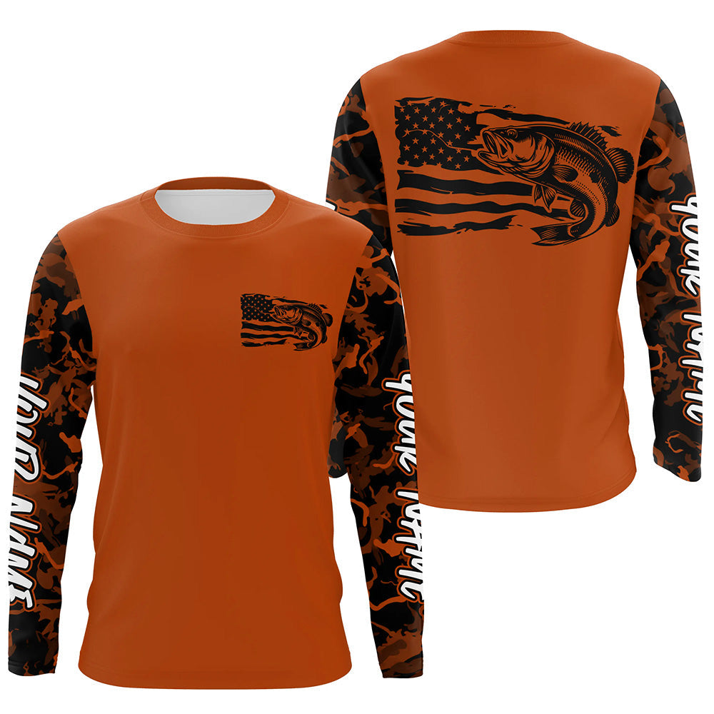 Orange Camo US Flag Largemouth Bass Custom Patrotic Long Sleeve Fishing Shirt, Bass Fishing Jersey IPHW8136