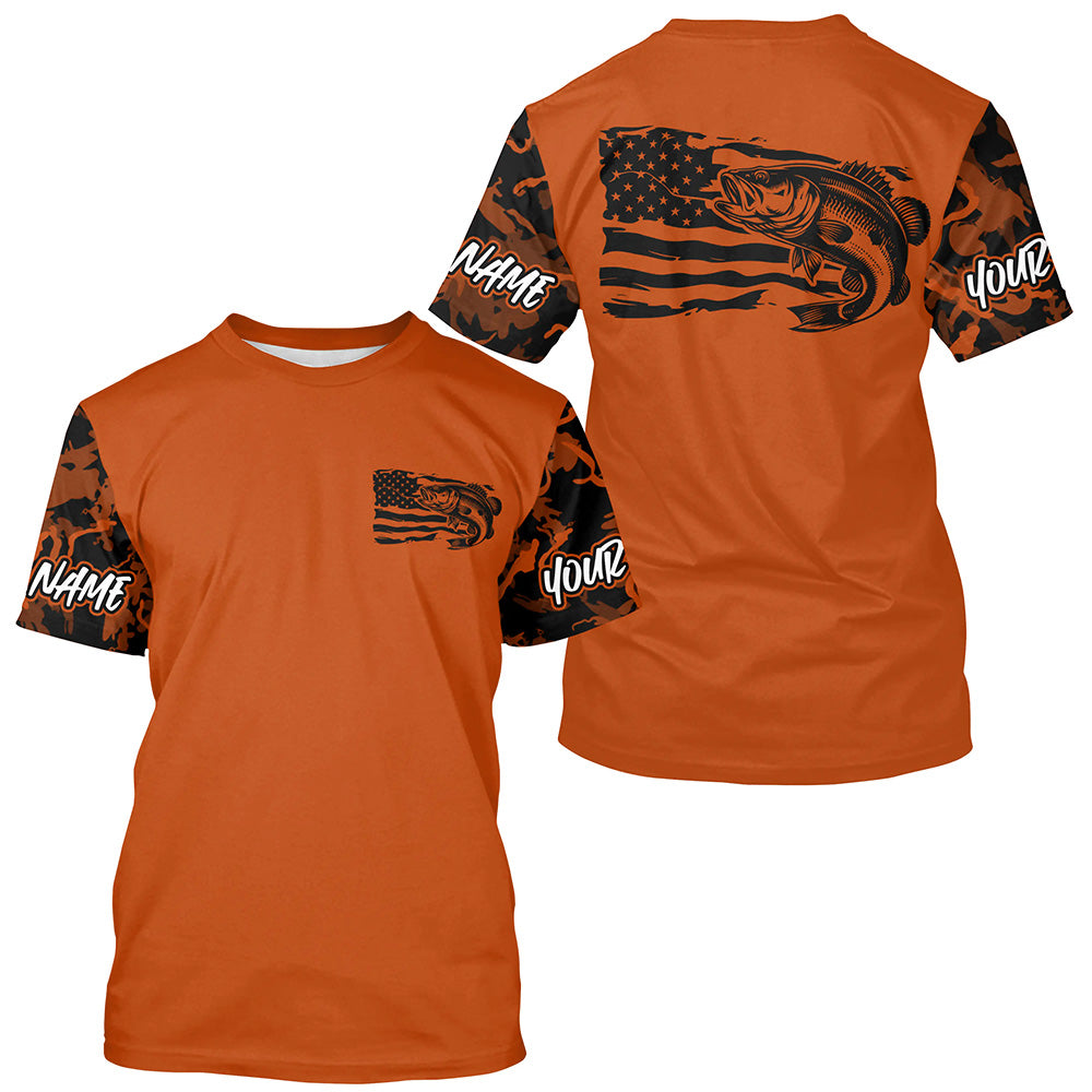 Orange Camo US Flag Largemouth Bass Custom Patrotic Fishing T-Shirts, Bass Fishing Jersey IPHW8136