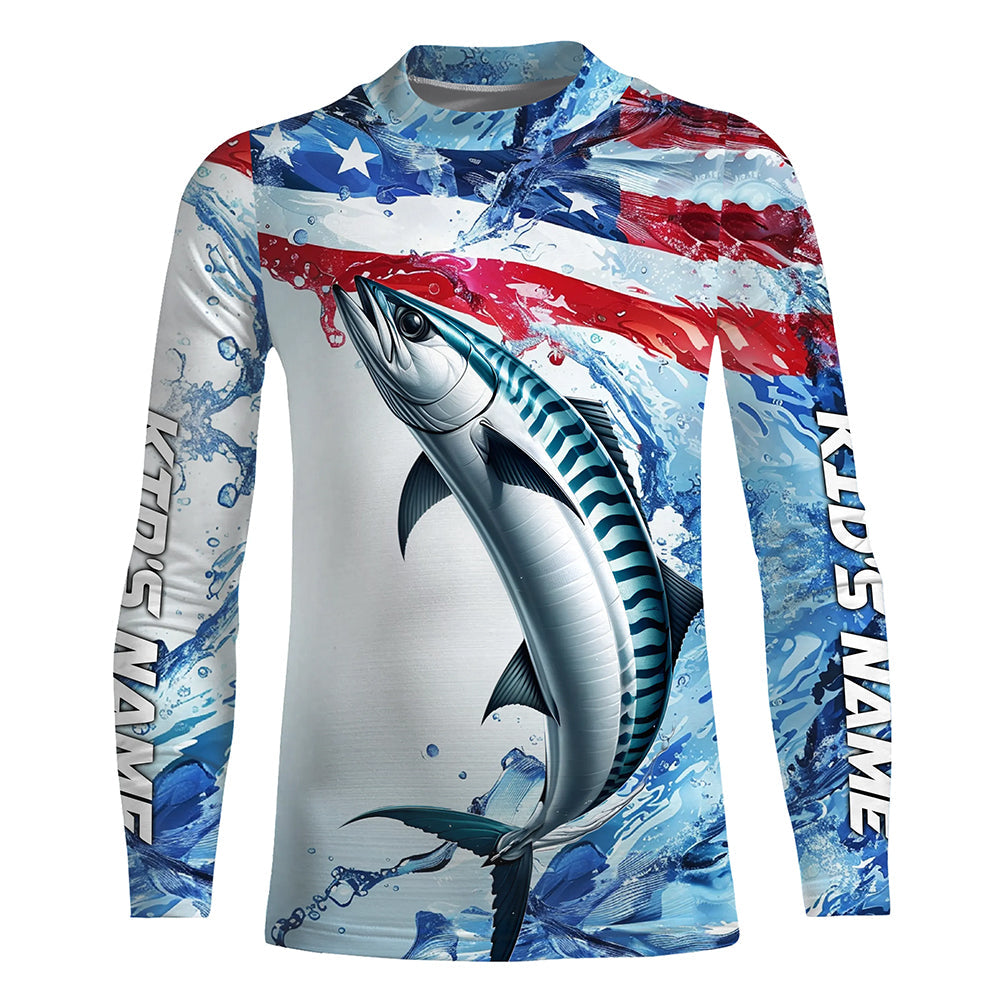 Custom Water American Flag King Mackerel Long Sleeve Fishing Shirts, Kingfish Team Fishing Jerseys IPHW6606