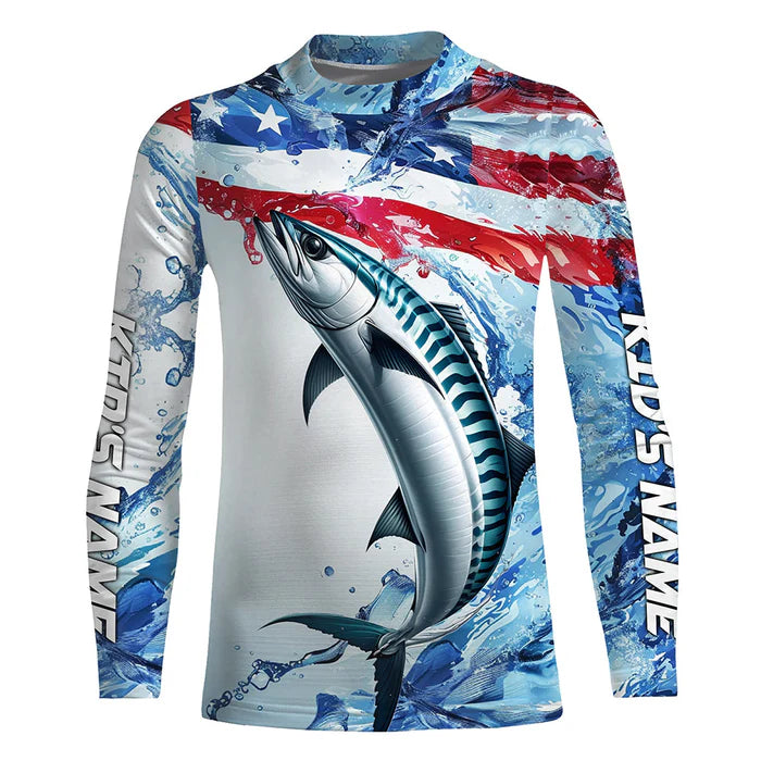Custom Water American Flag King Mackerel Kid Long Sleeve Fishing Shirts, Kingfish Team Fishing Jerseys IPHW6606