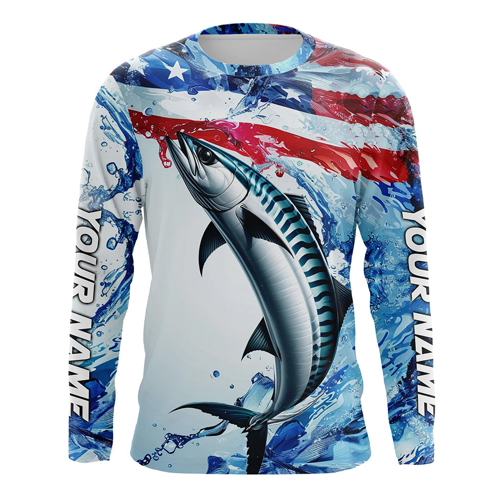 Custom Water American Flag King Mackerel Long Sleeve Fishing Shirts, Kingfish Team Fishing Jerseys IPHW6606