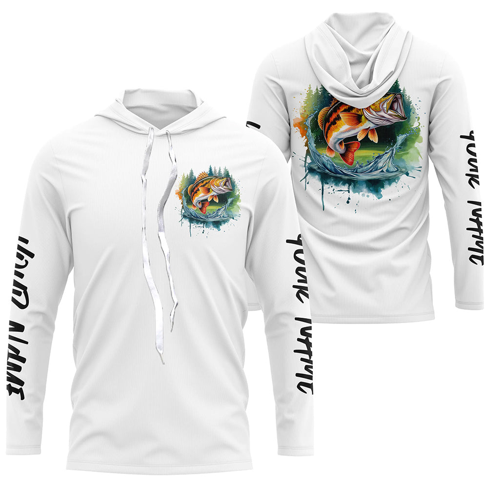 Watercolor Largemouth Bass Fishing Custom Long Sleeve Hooded Tournament Fishing Shirts IPHW7961