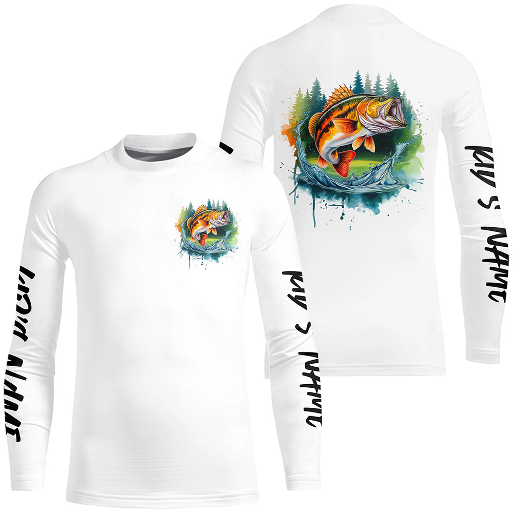 Watercolor Largemouth Bass Fishing Custom Kid Long Sleeve Tournament Fishing Shirts IPHW7961