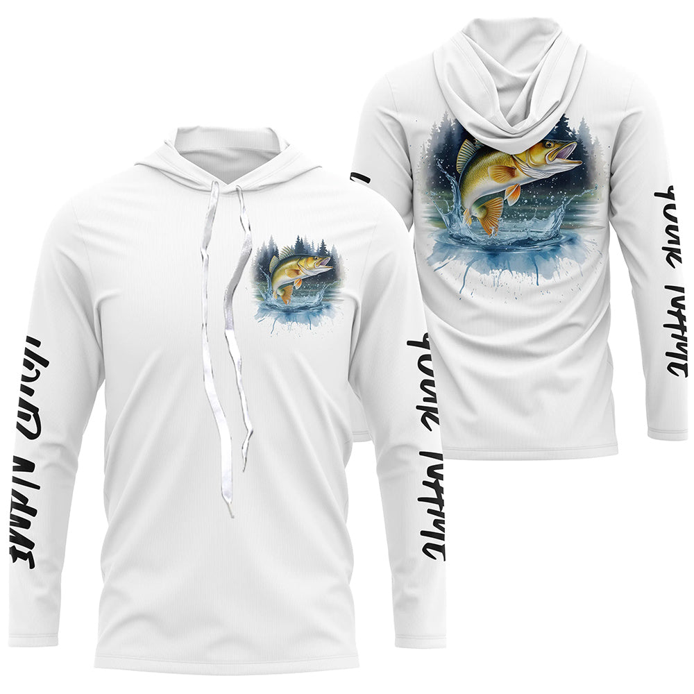 Watercolor Walleye Fishing Custom Long Sleeve Hooded Tournament Fishing Shirts IPHW7961