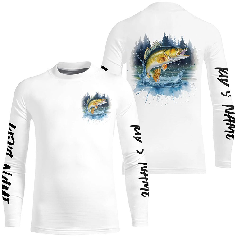 Watercolor Walleye Fishing Custom Kid Long Sleeve Fishing Shirts, Walleye Tournament Fishing Shirt IPHW7962