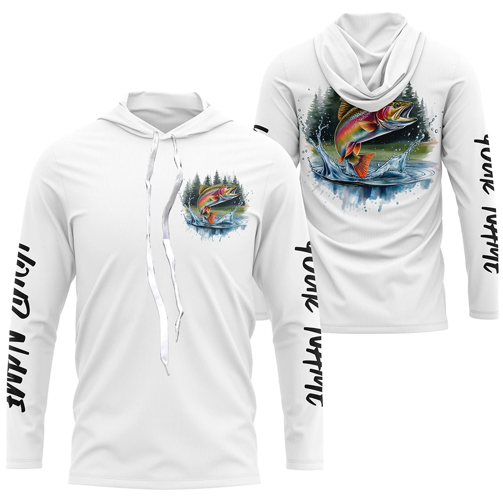 Watercolor Rainbow Trout Fishing Custom Long Sleeve Hooded Fishing Shirts, Trout Tournament Shirt IPHW7963