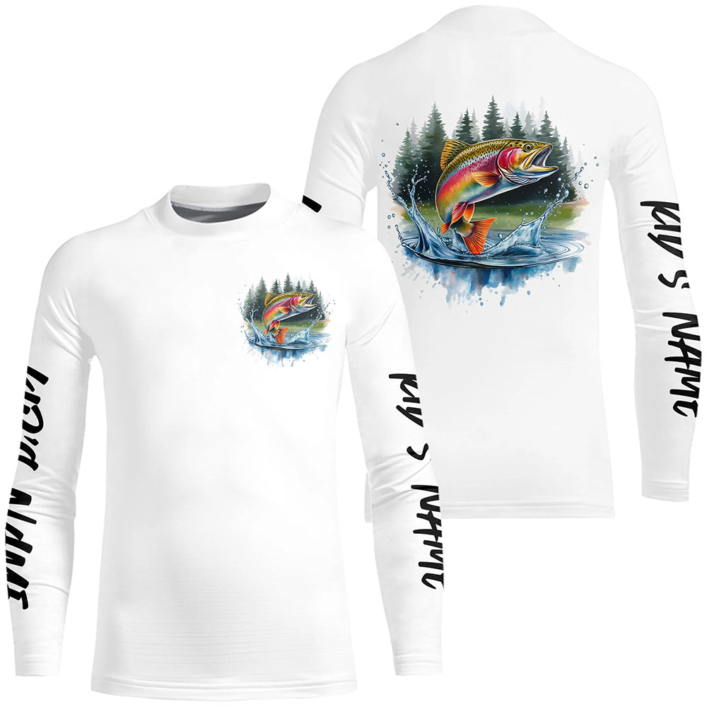 Watercolor Rainbow Trout Fishing Custom Kid Long Sleeve Tournament Fishing Shirts IPHW7963