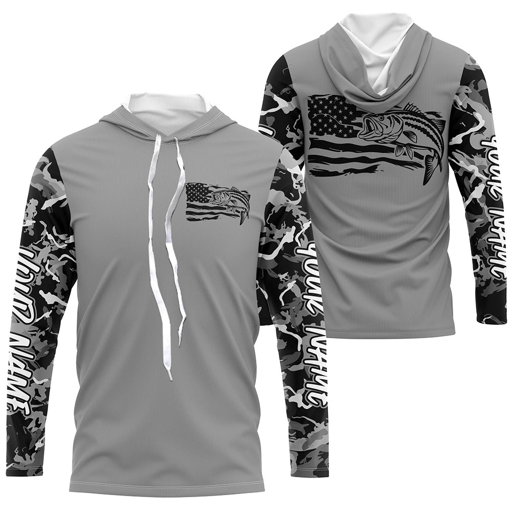 Gray Camo US Flag Striped Bass Custom Patrotic Long Sleeve Hooded Fishing Shirt, Striper Fishing IPHW7964