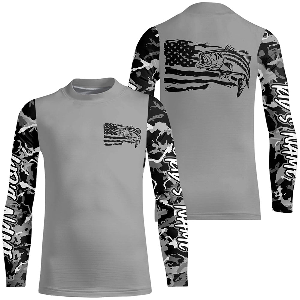 Gray Camo US Flag Striped Bass Custom Patrotic Kid Long Sleeve Fishing Shirt, Striper Fishing Jersey IPHW7964